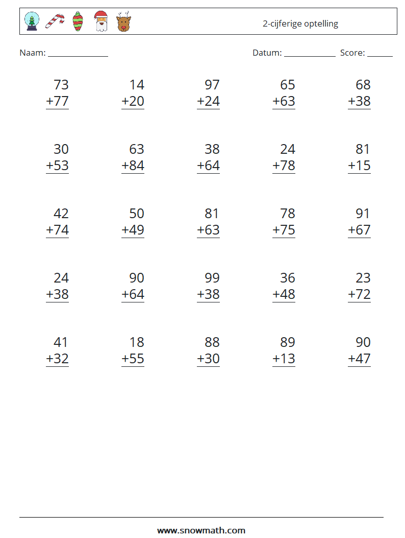 (25) 2-cijferige optelling Wiskundige werkbladen 4