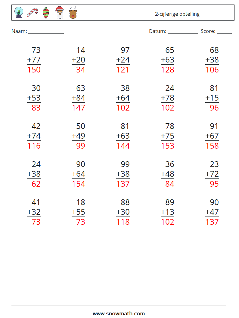 (25) 2-cijferige optelling Wiskundige werkbladen 4 Vraag, Antwoord