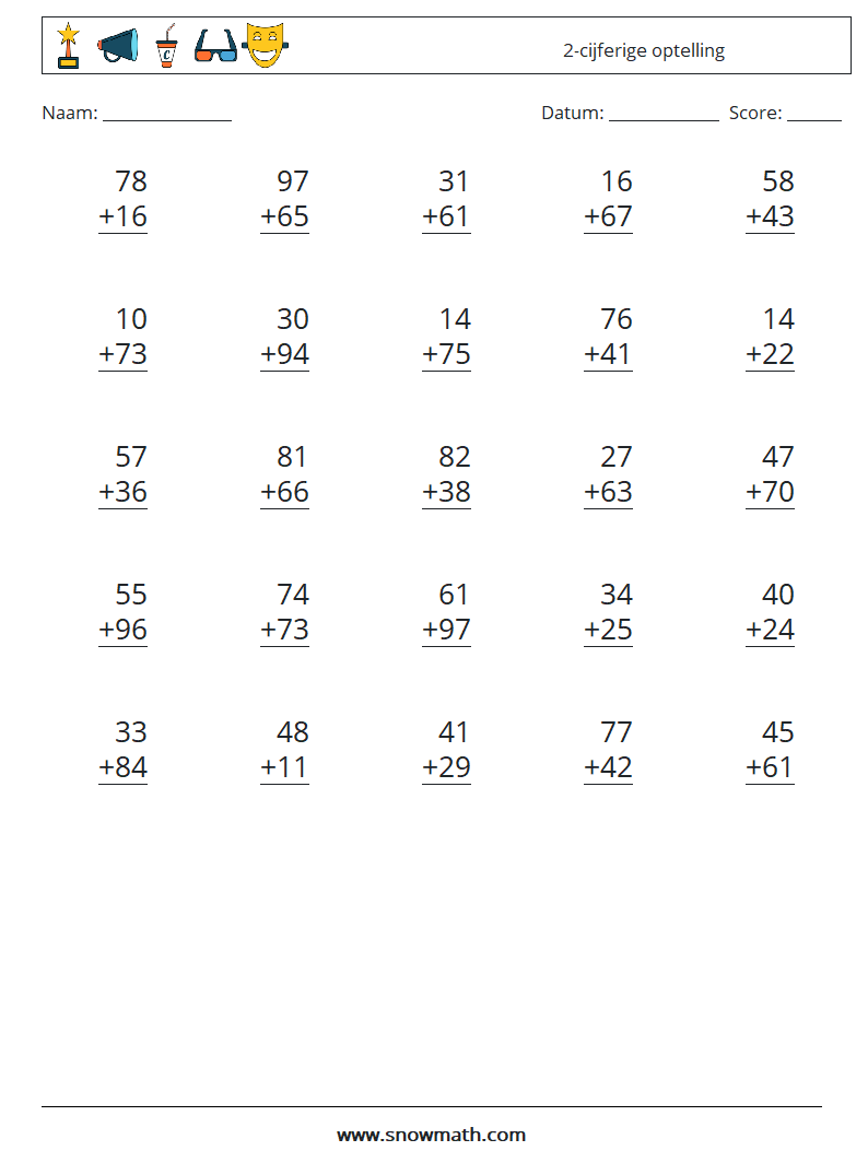 (25) 2-cijferige optelling Wiskundige werkbladen 5