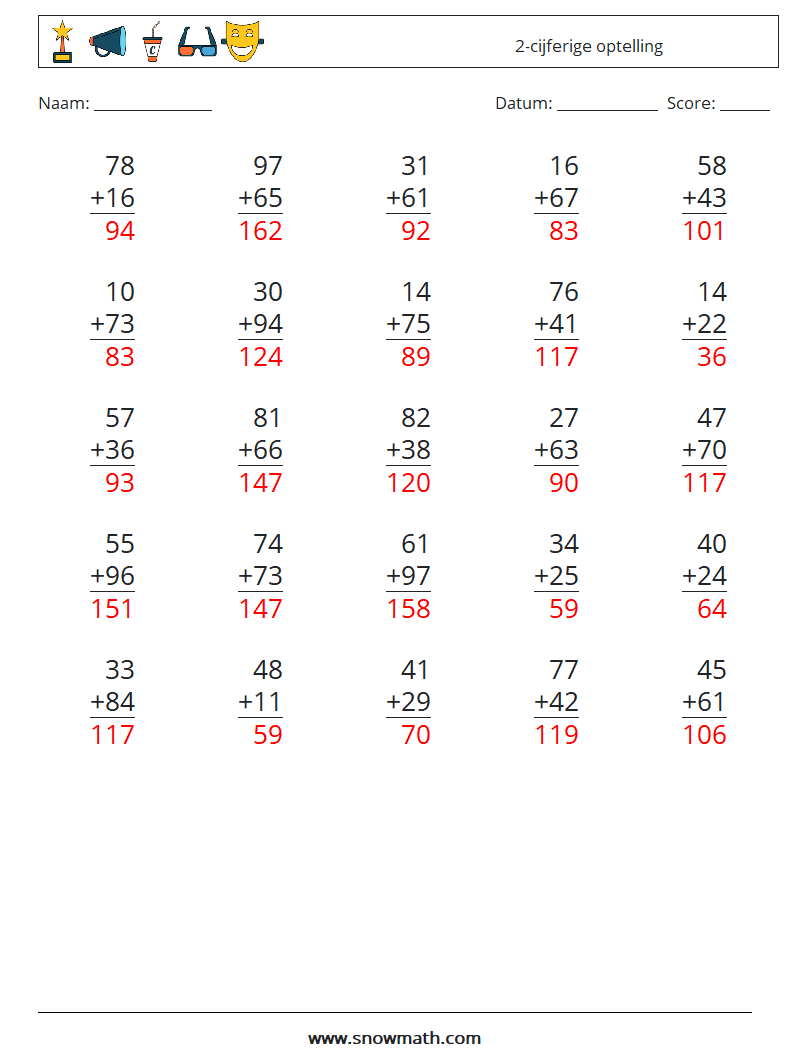 (25) 2-cijferige optelling Wiskundige werkbladen 5 Vraag, Antwoord