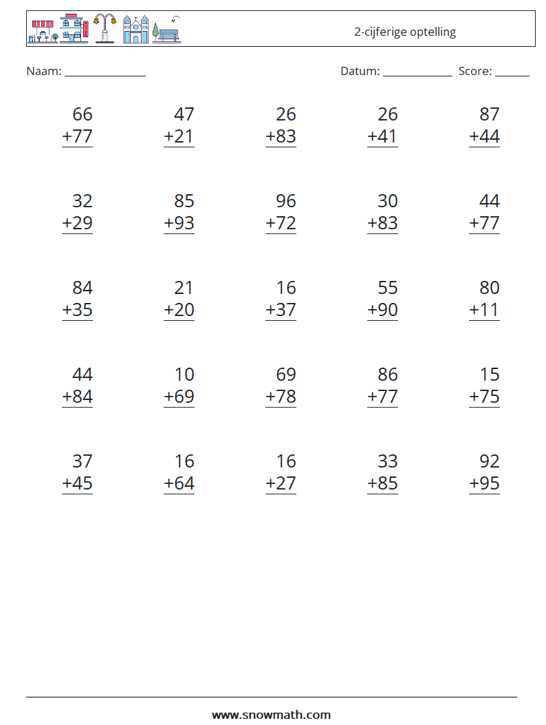 (25) 2-cijferige optelling Wiskundige werkbladen 6