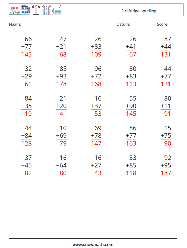 (25) 2-cijferige optelling Wiskundige werkbladen 6 Vraag, Antwoord