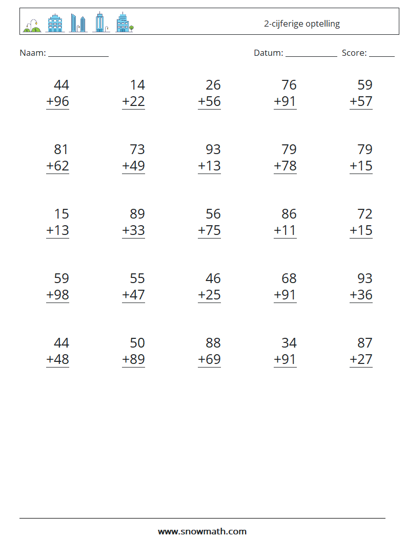 (25) 2-cijferige optelling Wiskundige werkbladen 7