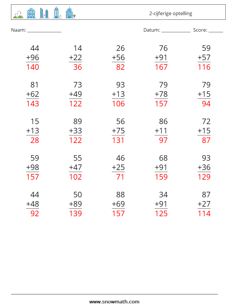 (25) 2-cijferige optelling Wiskundige werkbladen 7 Vraag, Antwoord