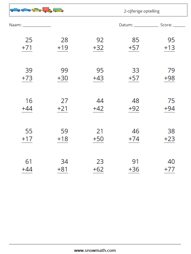 (25) 2-cijferige optelling Wiskundige werkbladen 8