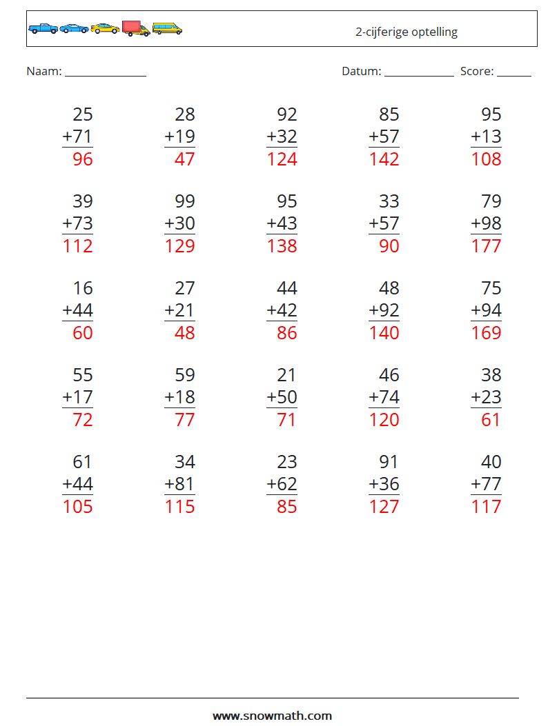 (25) 2-cijferige optelling Wiskundige werkbladen 8 Vraag, Antwoord