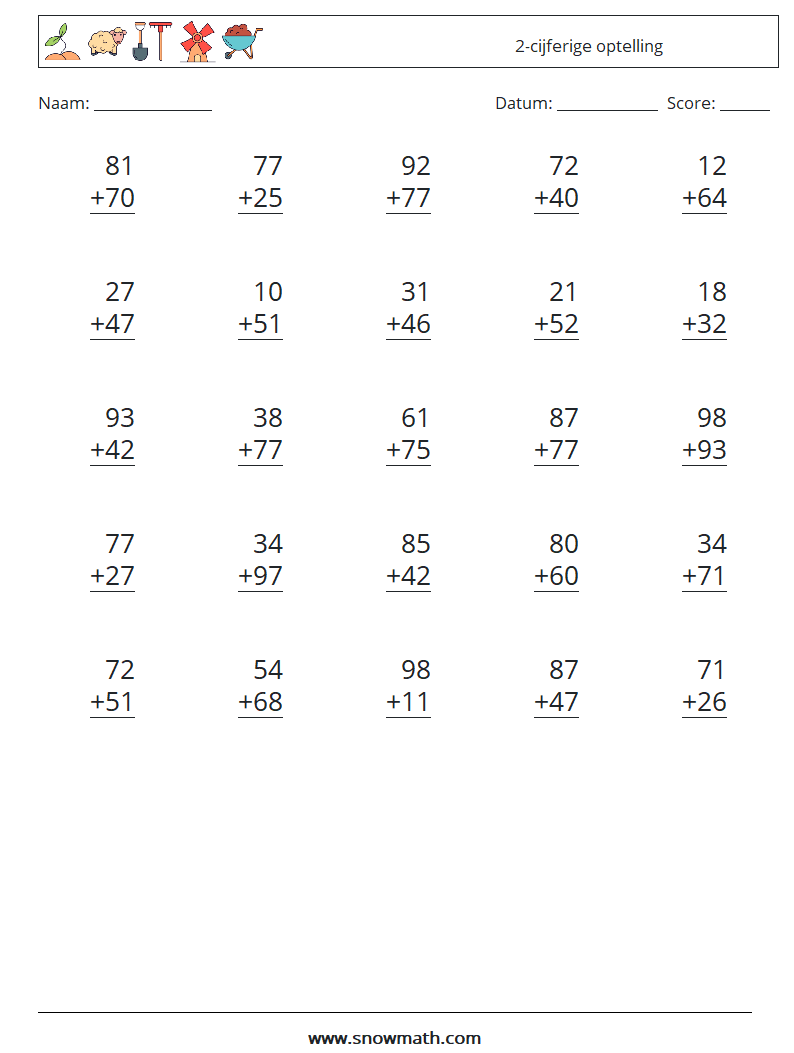 (25) 2-cijferige optelling Wiskundige werkbladen 9