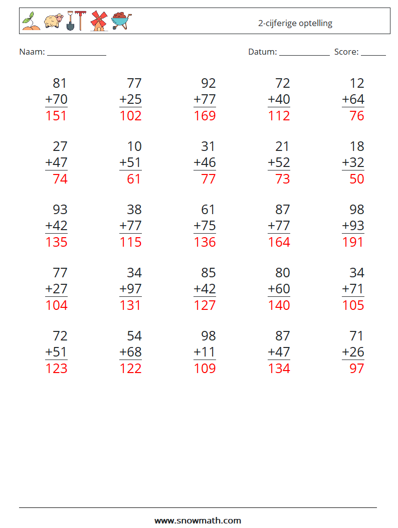 (25) 2-cijferige optelling Wiskundige werkbladen 9 Vraag, Antwoord