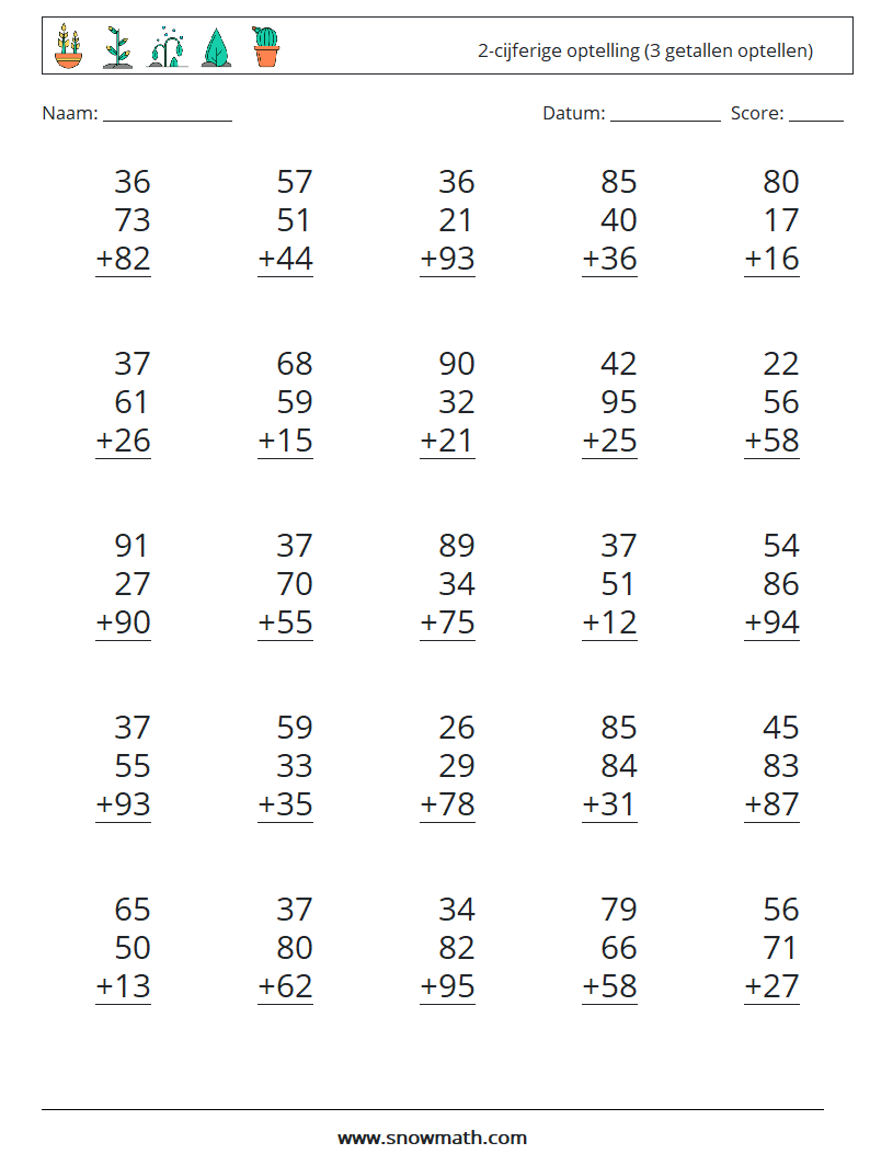 (25) 2-cijferige optelling (3 getallen optellen)