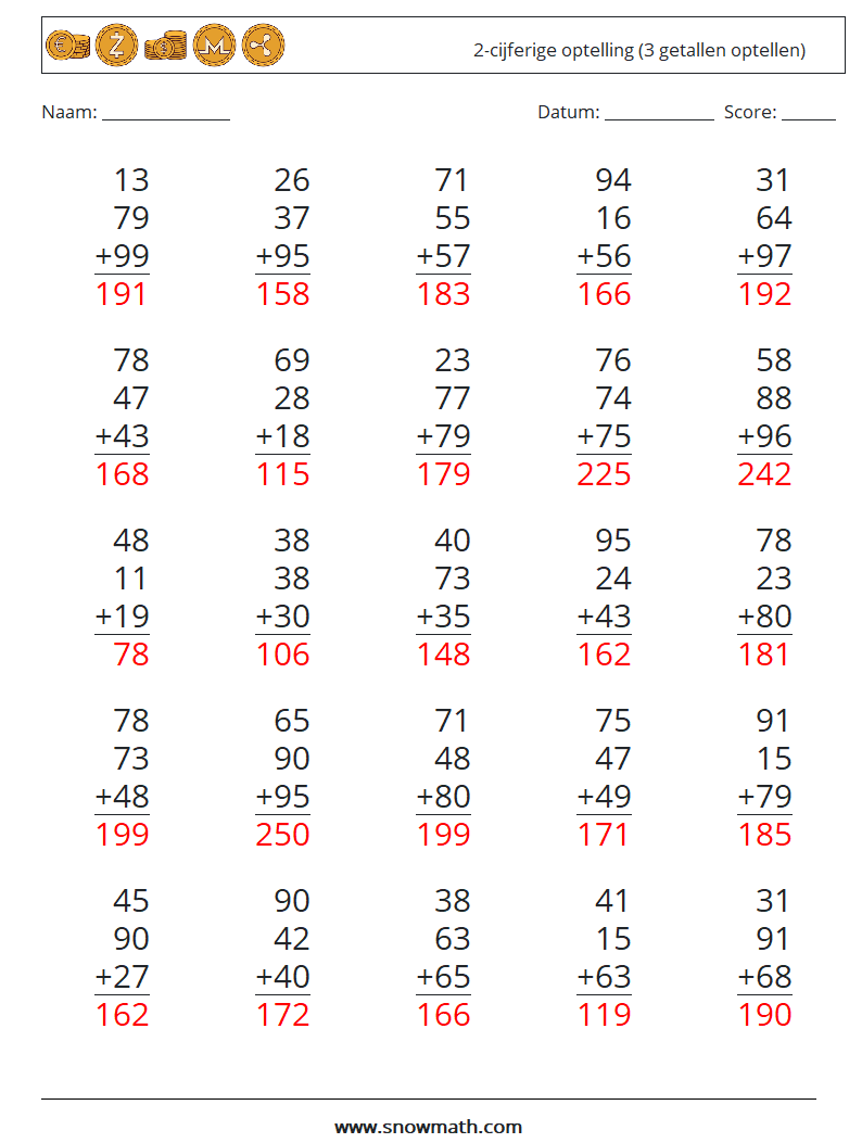 (25) 2-cijferige optelling (3 getallen optellen) Wiskundige werkbladen 10 Vraag, Antwoord