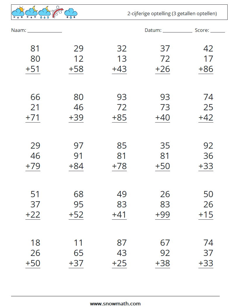 (25) 2-cijferige optelling (3 getallen optellen) Wiskundige werkbladen 11