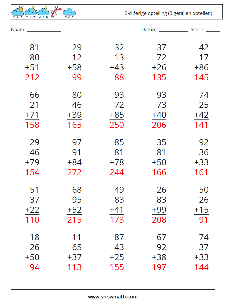 (25) 2-cijferige optelling (3 getallen optellen) Wiskundige werkbladen 11 Vraag, Antwoord