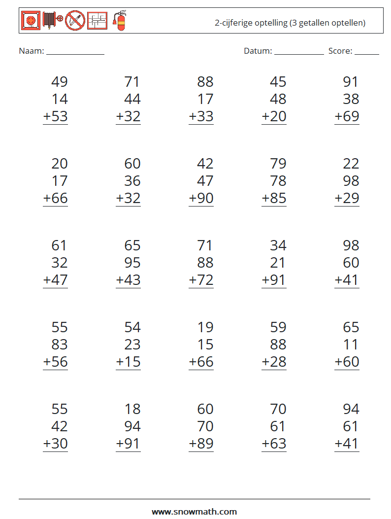 (25) 2-cijferige optelling (3 getallen optellen) Wiskundige werkbladen 12