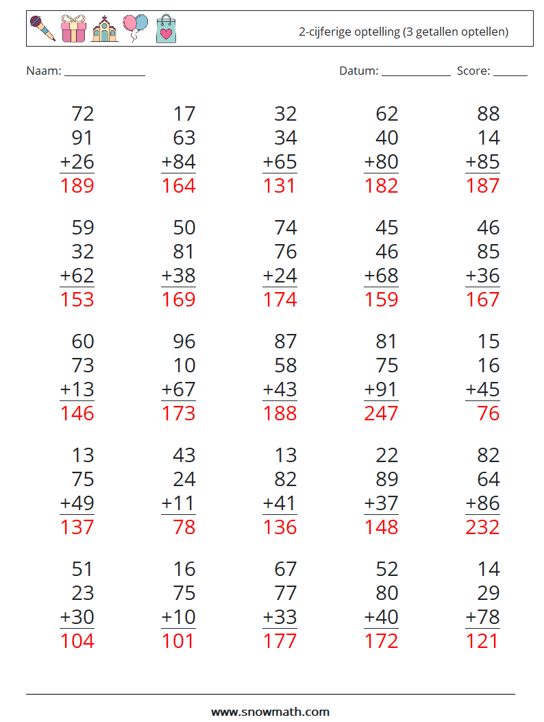 (25) 2-cijferige optelling (3 getallen optellen) Wiskundige werkbladen 13 Vraag, Antwoord