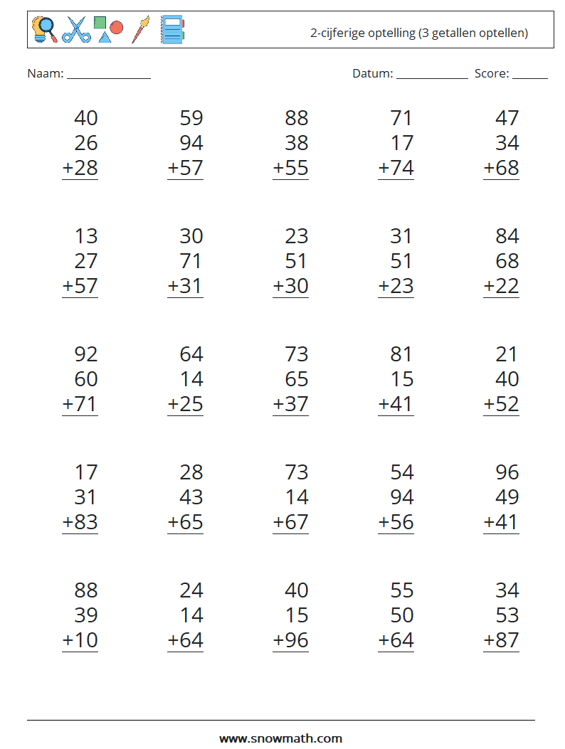 (25) 2-cijferige optelling (3 getallen optellen) Wiskundige werkbladen 14