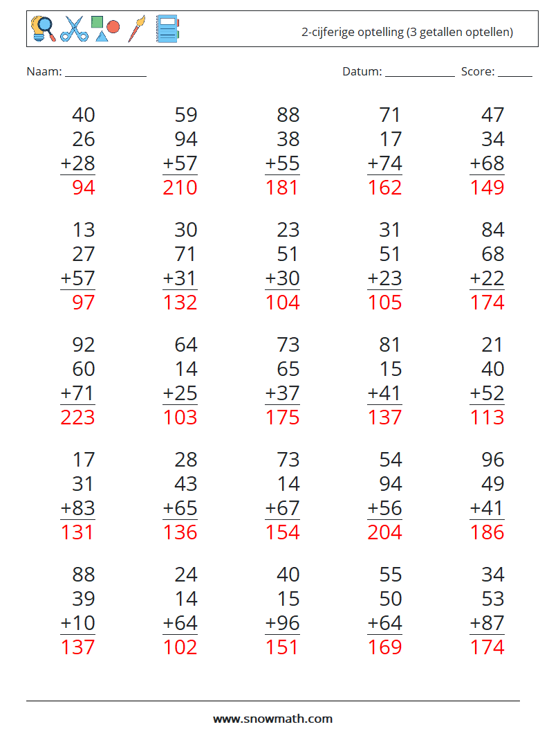 (25) 2-cijferige optelling (3 getallen optellen) Wiskundige werkbladen 14 Vraag, Antwoord
