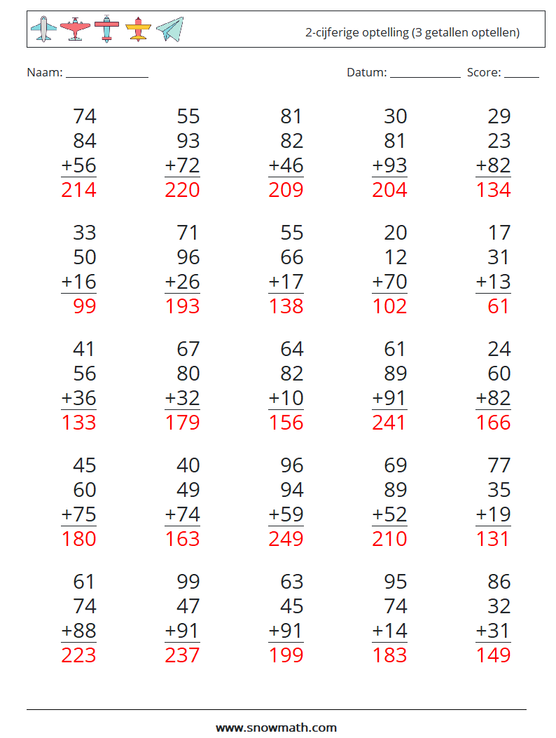 (25) 2-cijferige optelling (3 getallen optellen) Wiskundige werkbladen 16 Vraag, Antwoord