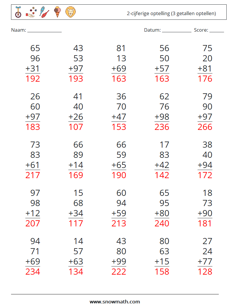 (25) 2-cijferige optelling (3 getallen optellen) Wiskundige werkbladen 18 Vraag, Antwoord