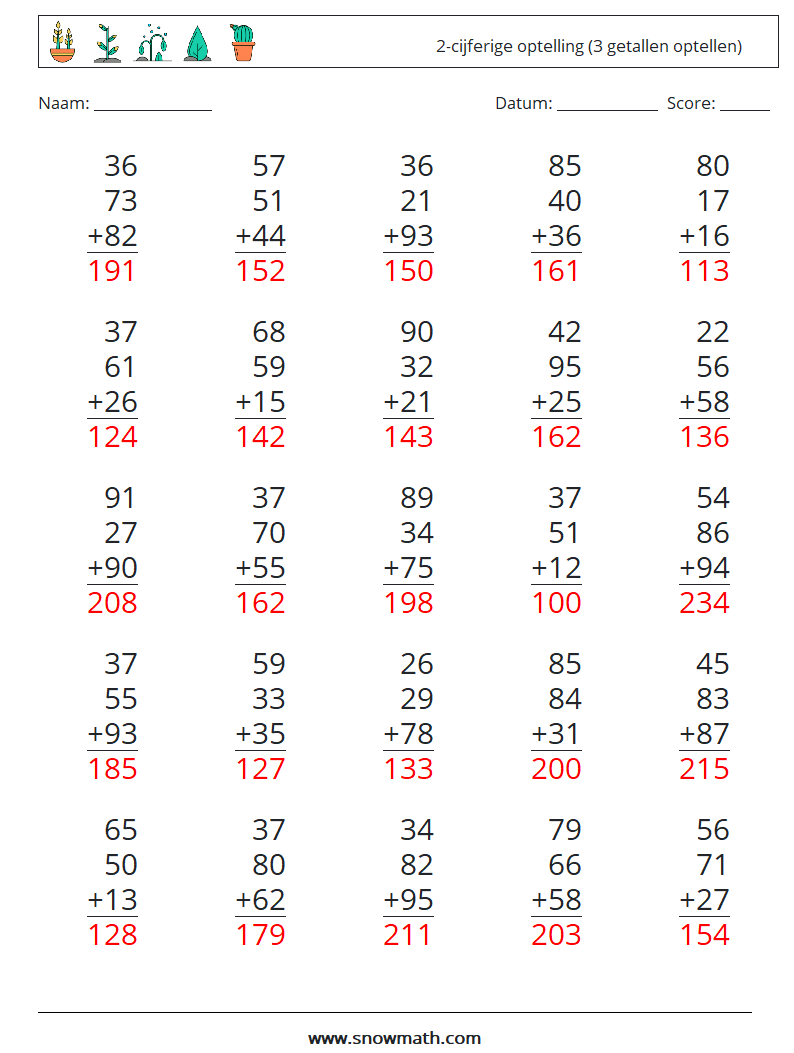 (25) 2-cijferige optelling (3 getallen optellen) Wiskundige werkbladen 1 Vraag, Antwoord