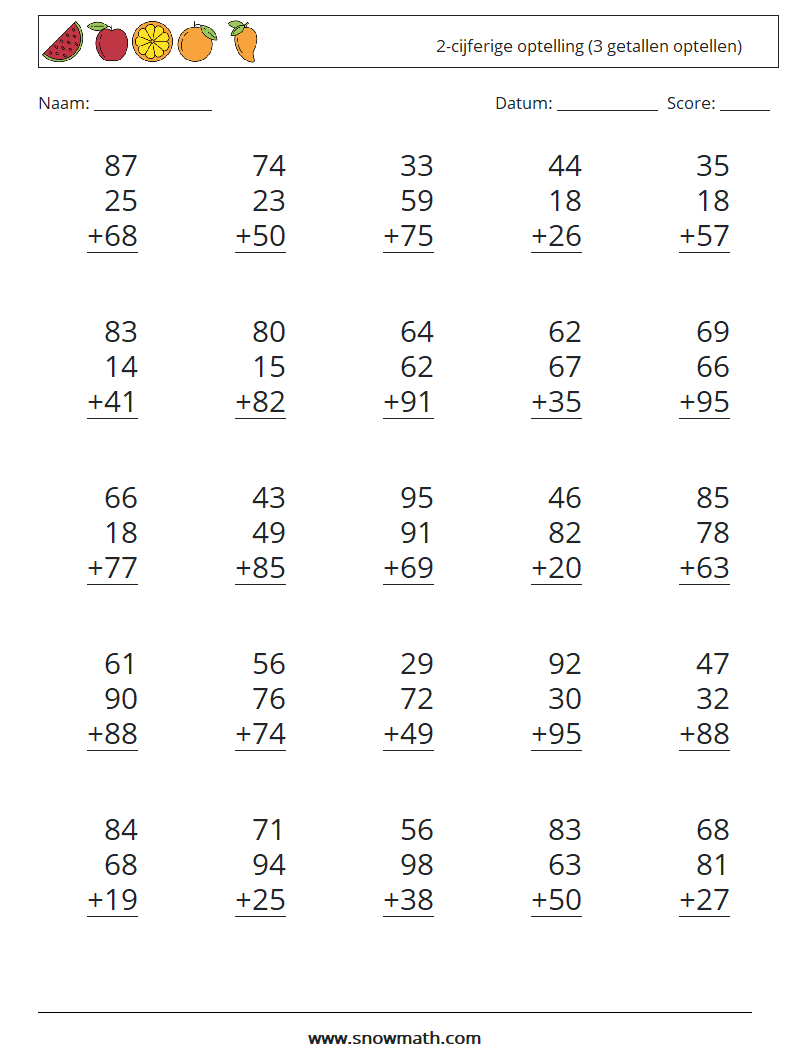 (25) 2-cijferige optelling (3 getallen optellen) Wiskundige werkbladen 2