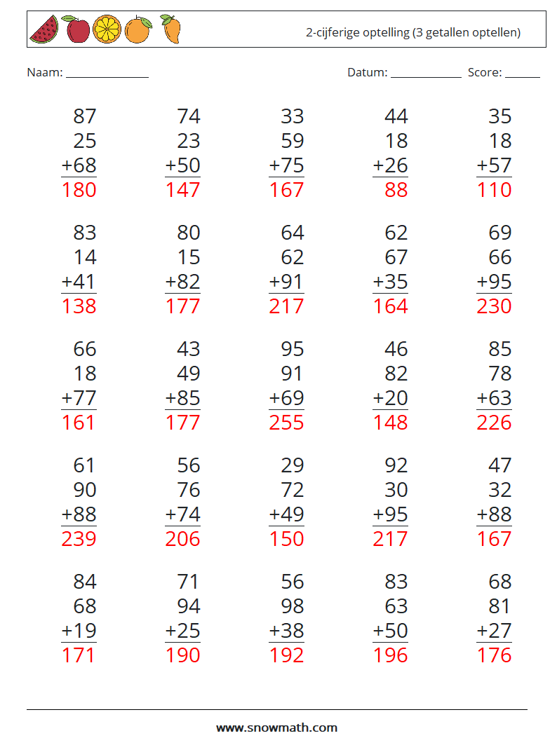(25) 2-cijferige optelling (3 getallen optellen) Wiskundige werkbladen 2 Vraag, Antwoord