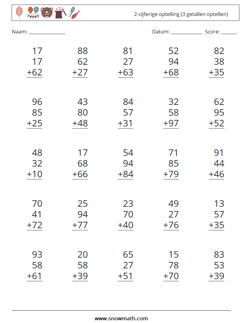 (25) 2-cijferige optelling (3 getallen optellen) Wiskundige werkbladen 3