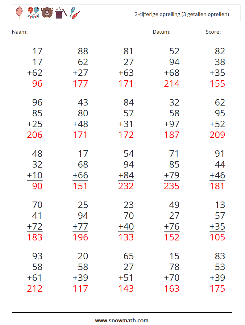 (25) 2-cijferige optelling (3 getallen optellen) Wiskundige werkbladen 3 Vraag, Antwoord