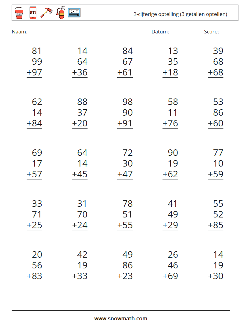 (25) 2-cijferige optelling (3 getallen optellen) Wiskundige werkbladen 4