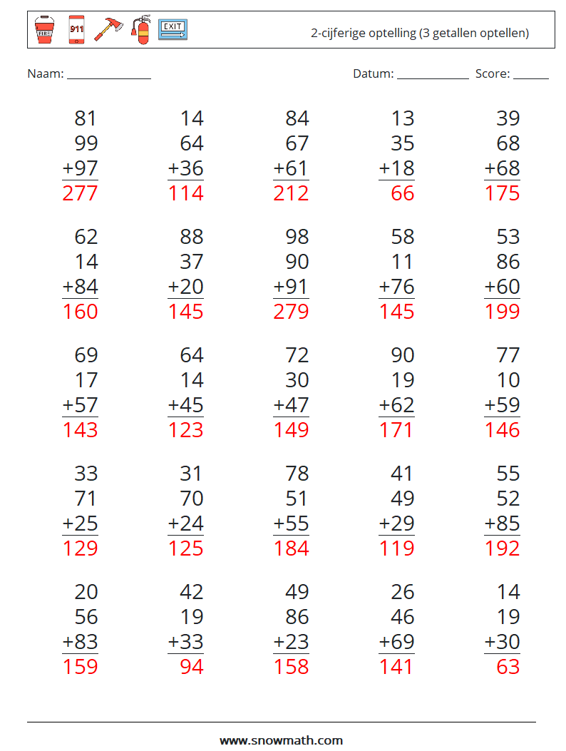 (25) 2-cijferige optelling (3 getallen optellen) Wiskundige werkbladen 4 Vraag, Antwoord