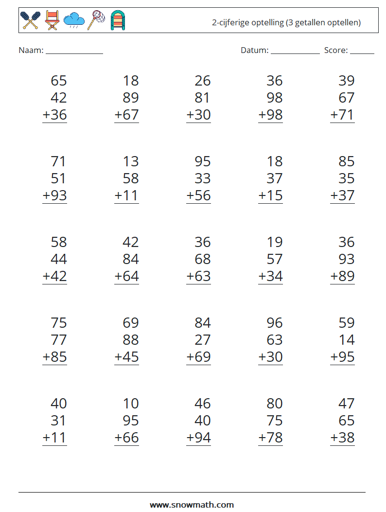 (25) 2-cijferige optelling (3 getallen optellen) Wiskundige werkbladen 5
