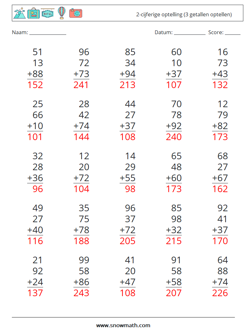 (25) 2-cijferige optelling (3 getallen optellen) Wiskundige werkbladen 6 Vraag, Antwoord