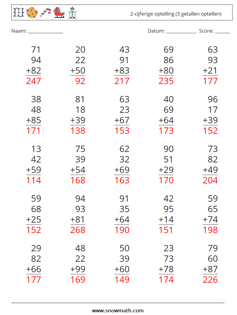(25) 2-cijferige optelling (3 getallen optellen) Wiskundige werkbladen 7 Vraag, Antwoord