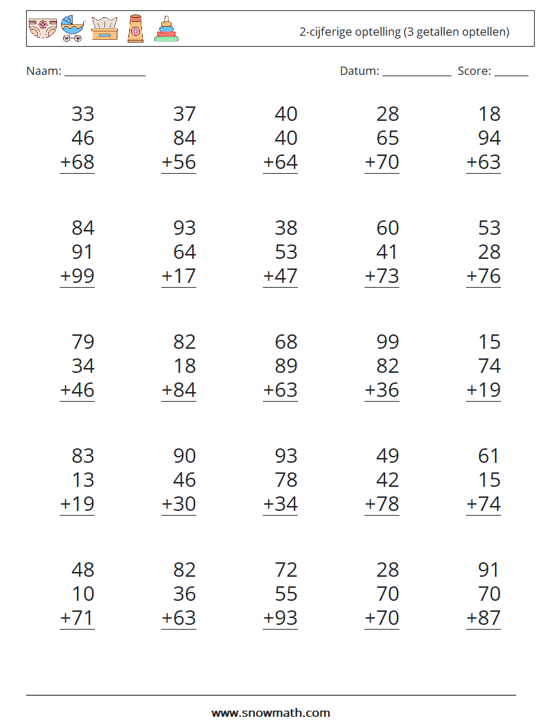 (25) 2-cijferige optelling (3 getallen optellen) Wiskundige werkbladen 8