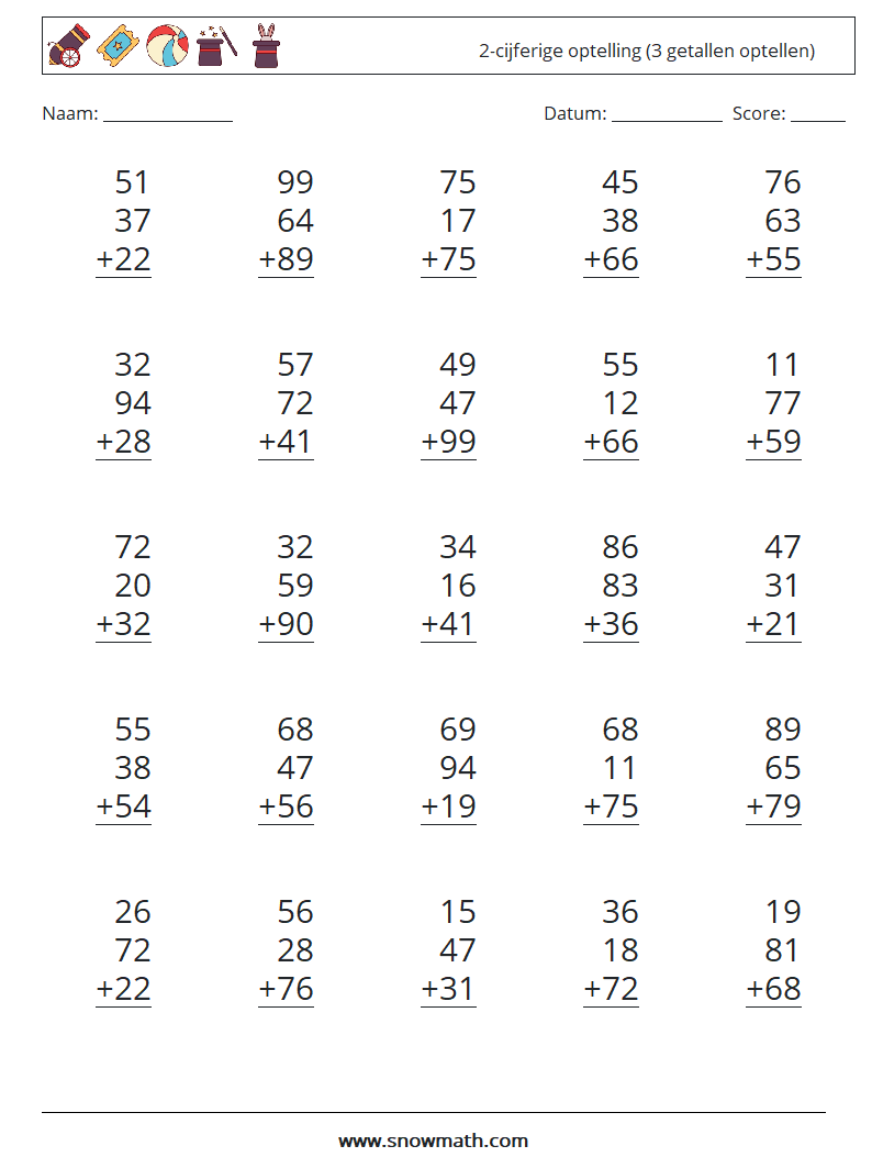 (25) 2-cijferige optelling (3 getallen optellen) Wiskundige werkbladen 9
