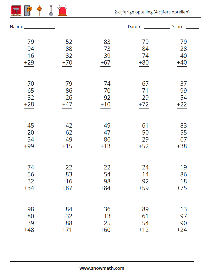 (25) 2-cijferige optelling (4 cijfers optellen) Wiskundige werkbladen 1