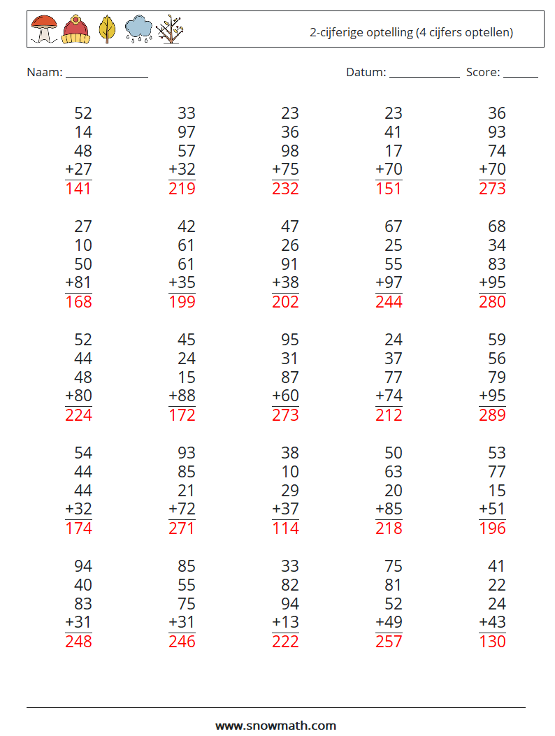 (25) 2-cijferige optelling (4 cijfers optellen) Wiskundige werkbladen 10 Vraag, Antwoord