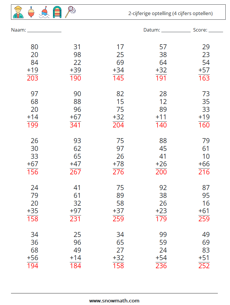 (25) 2-cijferige optelling (4 cijfers optellen) Wiskundige werkbladen 13 Vraag, Antwoord