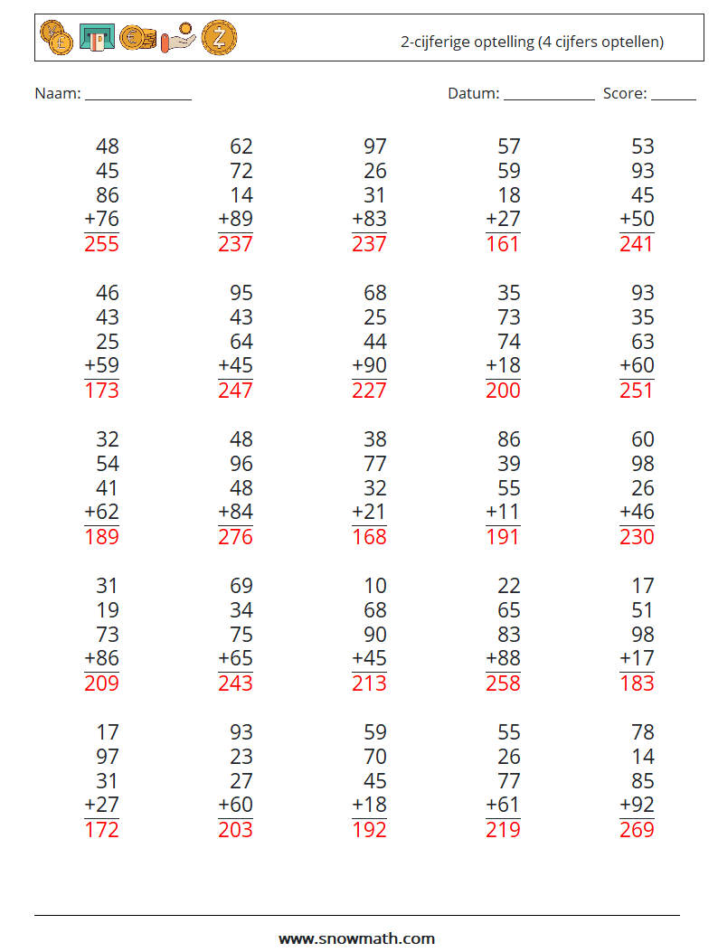 (25) 2-cijferige optelling (4 cijfers optellen) Wiskundige werkbladen 14 Vraag, Antwoord