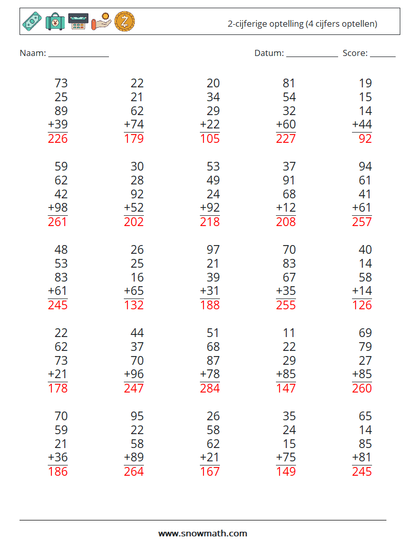 (25) 2-cijferige optelling (4 cijfers optellen) Wiskundige werkbladen 18 Vraag, Antwoord