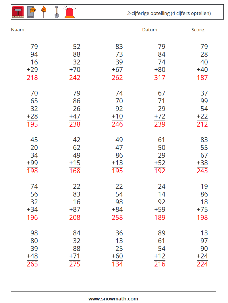 (25) 2-cijferige optelling (4 cijfers optellen) Wiskundige werkbladen 1 Vraag, Antwoord