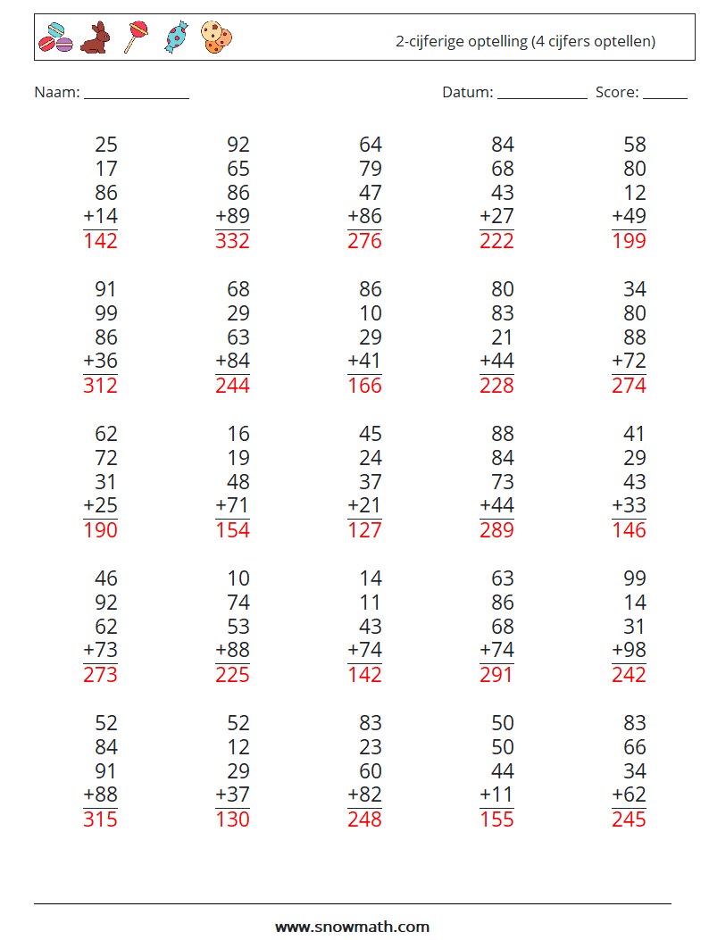 (25) 2-cijferige optelling (4 cijfers optellen) Wiskundige werkbladen 5 Vraag, Antwoord
