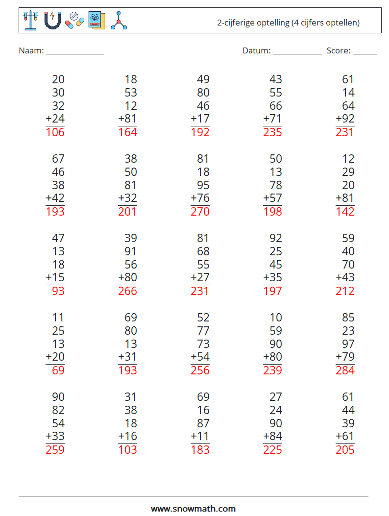 (25) 2-cijferige optelling (4 cijfers optellen) Wiskundige werkbladen 7 Vraag, Antwoord