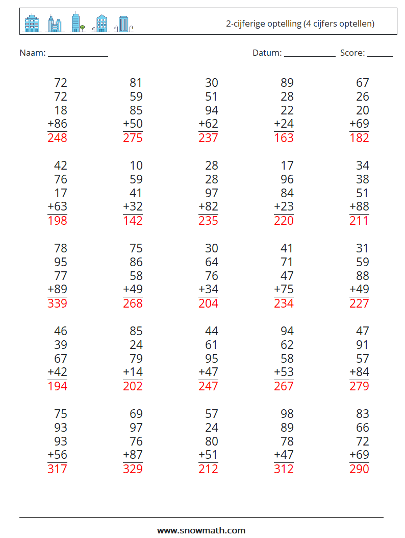 (25) 2-cijferige optelling (4 cijfers optellen) Wiskundige werkbladen 8 Vraag, Antwoord