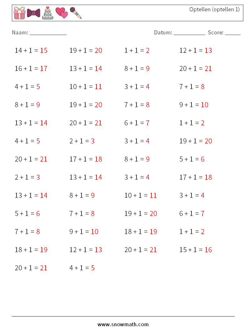 (50) Optellen (optellen 1) Wiskundige werkbladen 1 Vraag, Antwoord