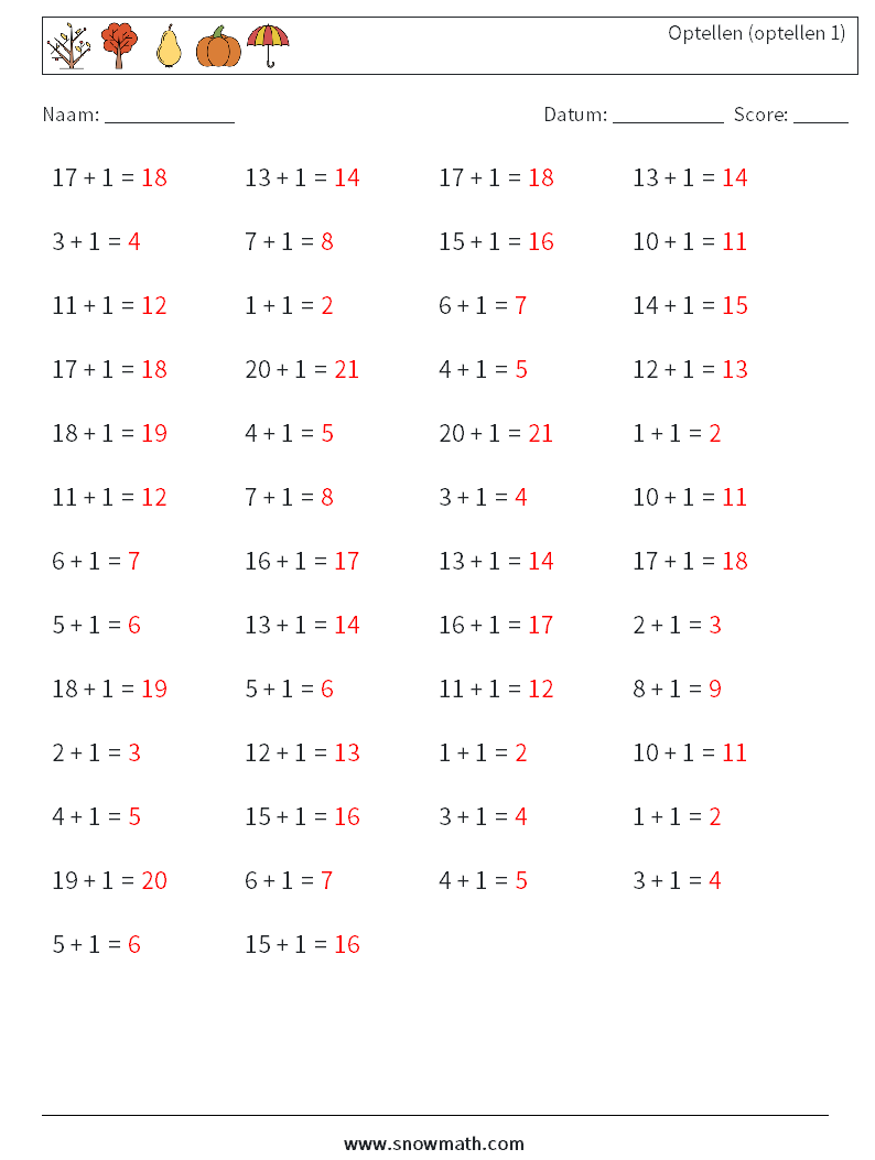 (50) Optellen (optellen 1) Wiskundige werkbladen 5 Vraag, Antwoord