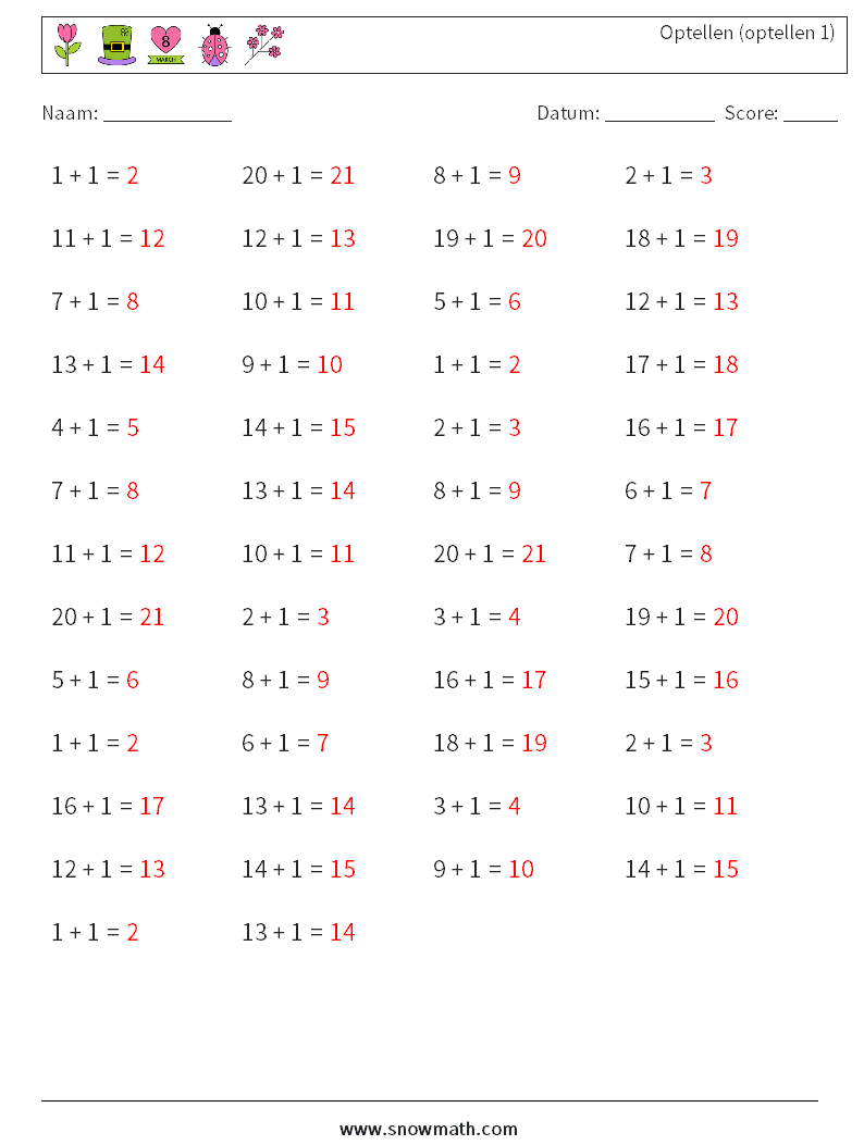 (50) Optellen (optellen 1) Wiskundige werkbladen 7 Vraag, Antwoord