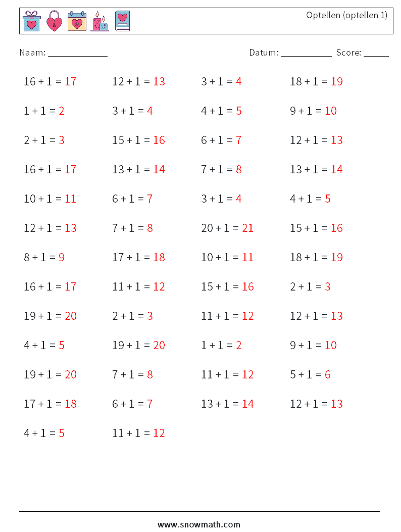 (50) Optellen (optellen 1) Wiskundige werkbladen 9 Vraag, Antwoord