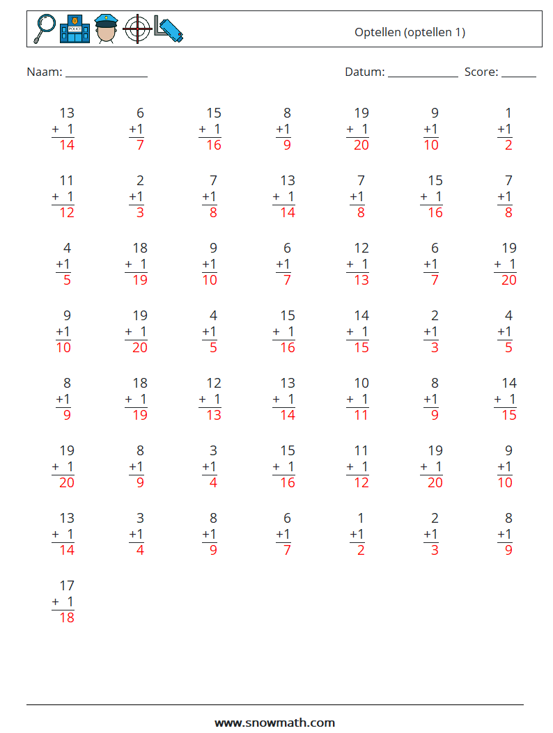 (50) Optellen (optellen 1) Wiskundige werkbladen 10 Vraag, Antwoord