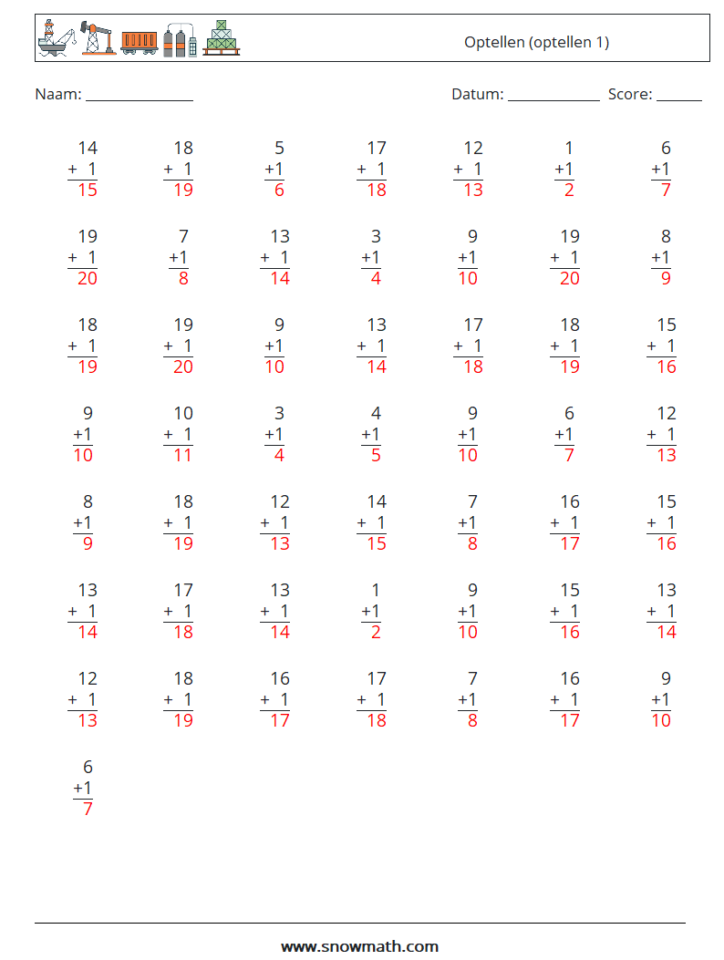 (50) Optellen (optellen 1) Wiskundige werkbladen 14 Vraag, Antwoord