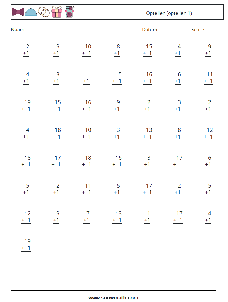 (50) Optellen (optellen 1) Wiskundige werkbladen 15